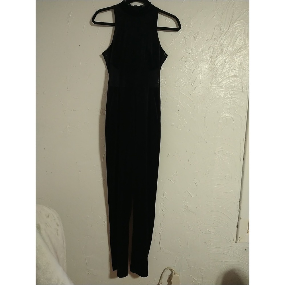 Shinestar Gold Velvet Jumpsuit Ladies S Black Lace Cutouts Sleeveless Elegant...